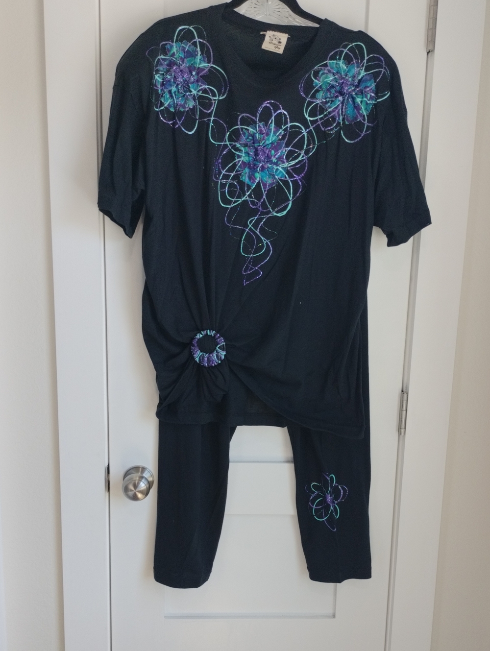 Tunic, Legging, Barrette And Earrings Set with Teal & Purple Floral Accents